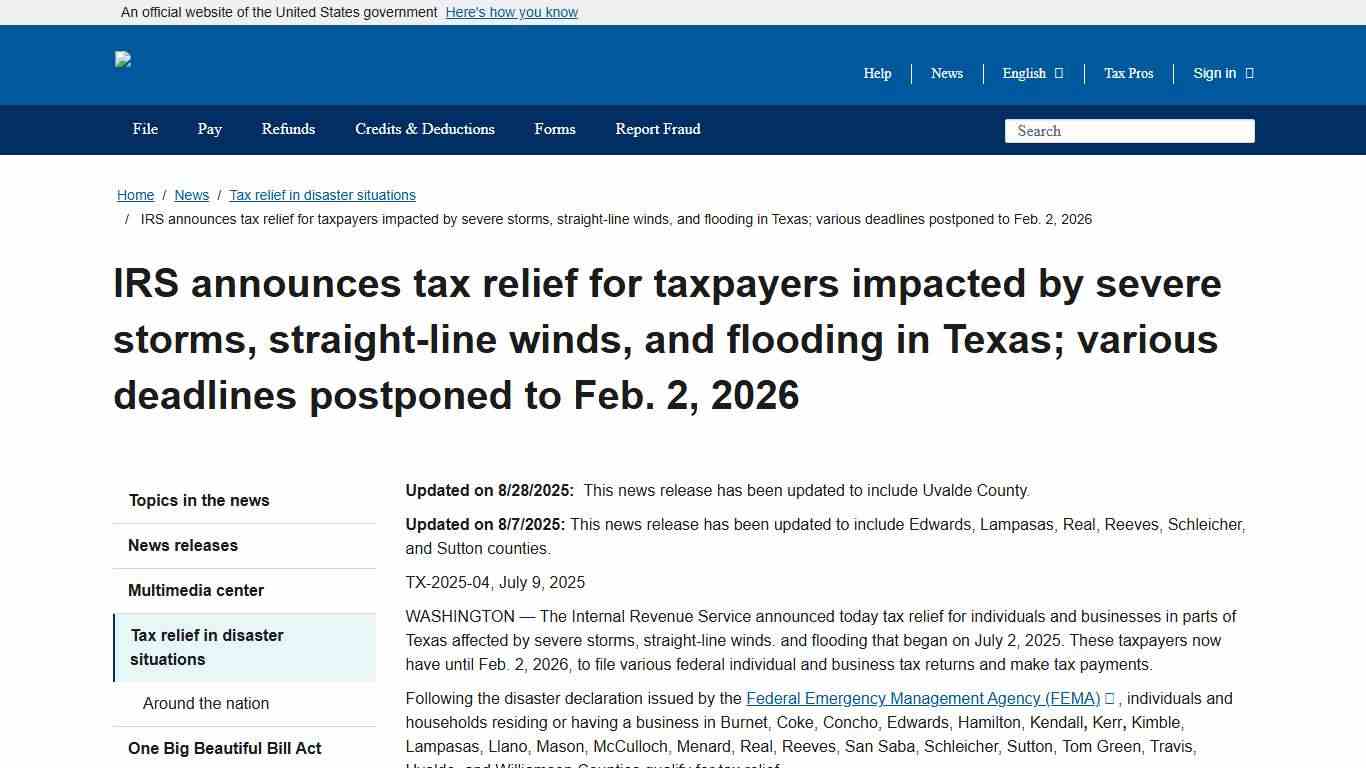 IRS announces tax relief for taxpayers impacted by severe storms, straight-line winds, and flooding in Texas; various deadlines postponed to Feb. 2, 2026 | Internal Revenue Service